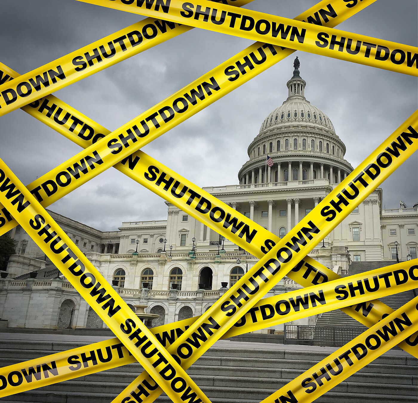Congress covered in yellow tapes labeled "shutdown"