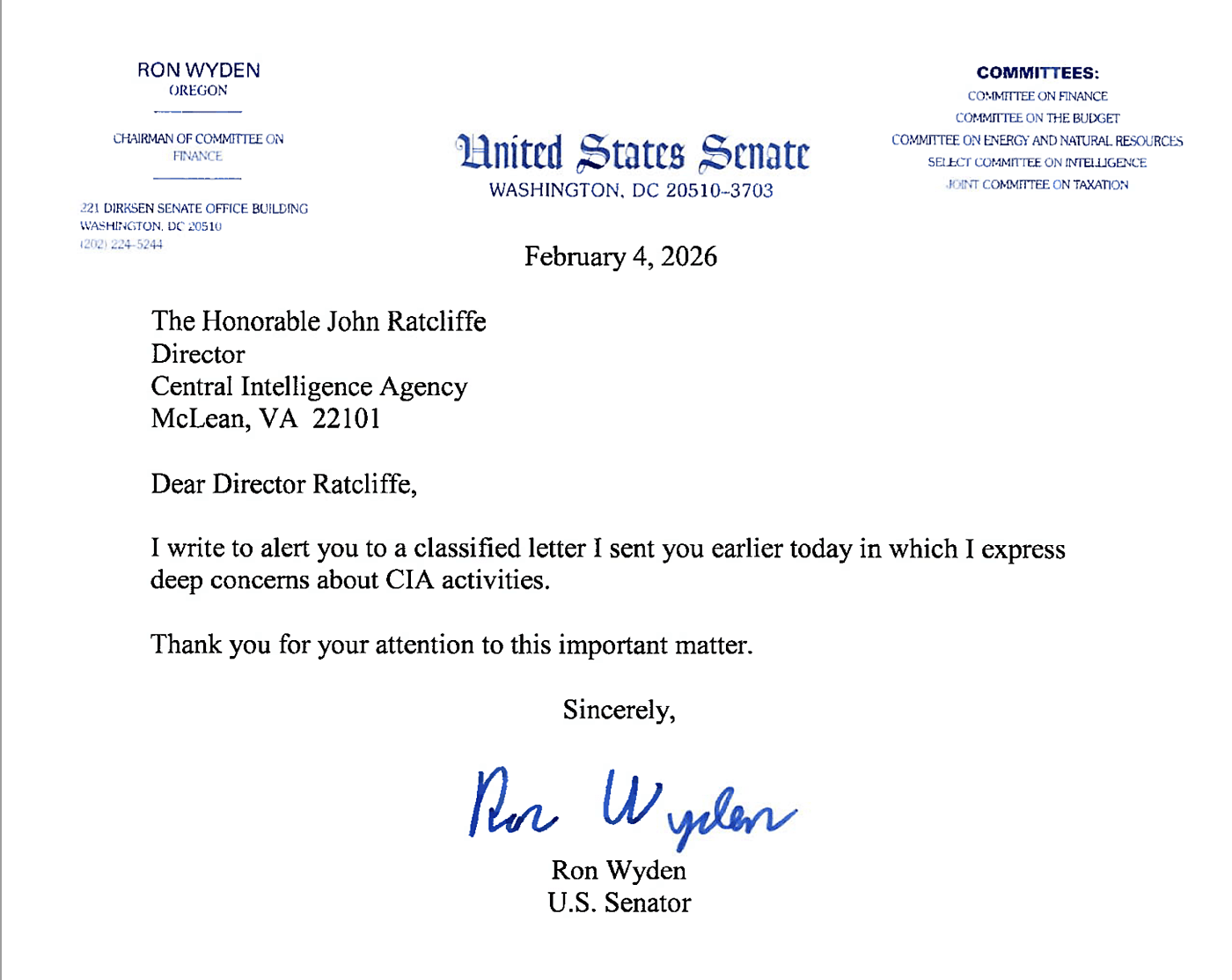Wyden two-sentence letter to CIA Director John Ratcliffe, February 4, 2026